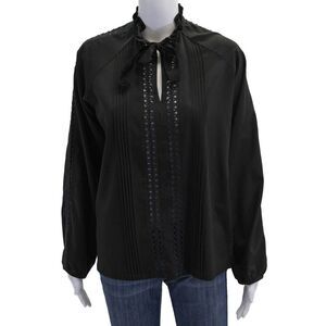 KAS New York Womens Pleated V-Neck Long Sleeve Pullover Blouse Top Black Size M